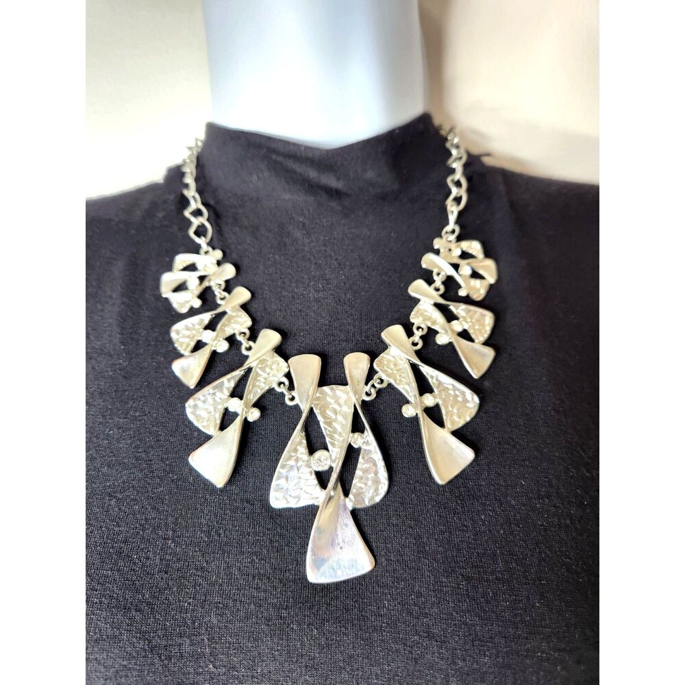 Stylized Angel Bib Statement Necklace Abstract Modernist 16" Silver Tone Rhines